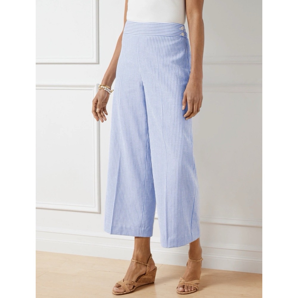 Talbots Linen Blend Wide Leg Cropped Pants Womens 16P Blue White Stripe Size Zip